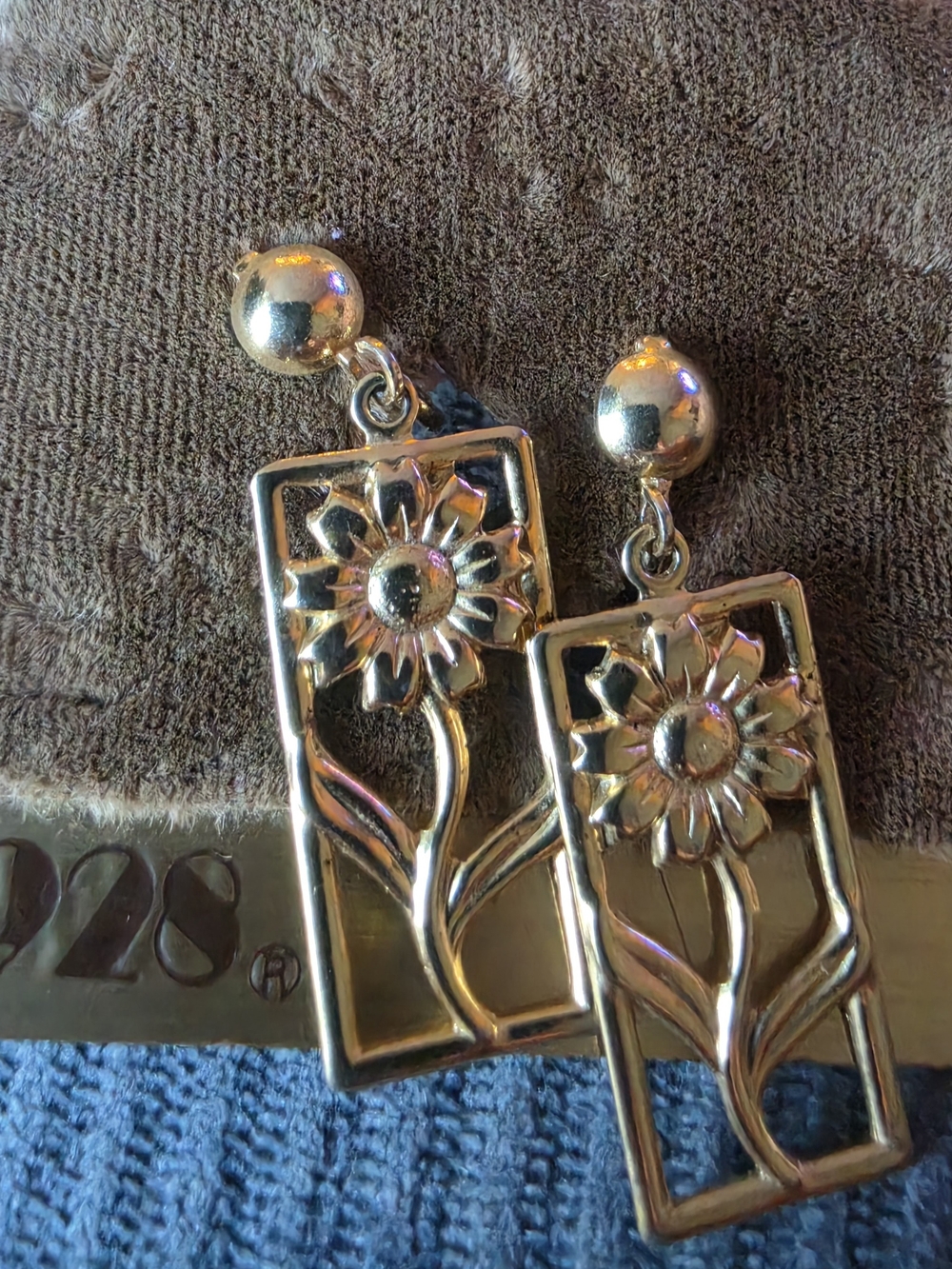 1928 Gold Floral Rectangle Drop Clip On Earrings